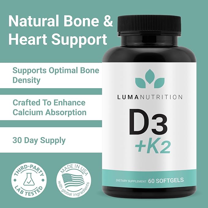 Luma Nutrition D3 + K2 Vitamin 10000 IU - Bone and Heart Health Supplement - Max Strength Immune Support and Calcium Absorption - 60 Softgels