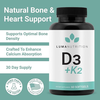 Luma Nutrition D3 + K2 Vitamin 10000 IU - Bone and Heart Health Supplement - Max Strength Immune Support and Calcium Absorption - 60 Softgels