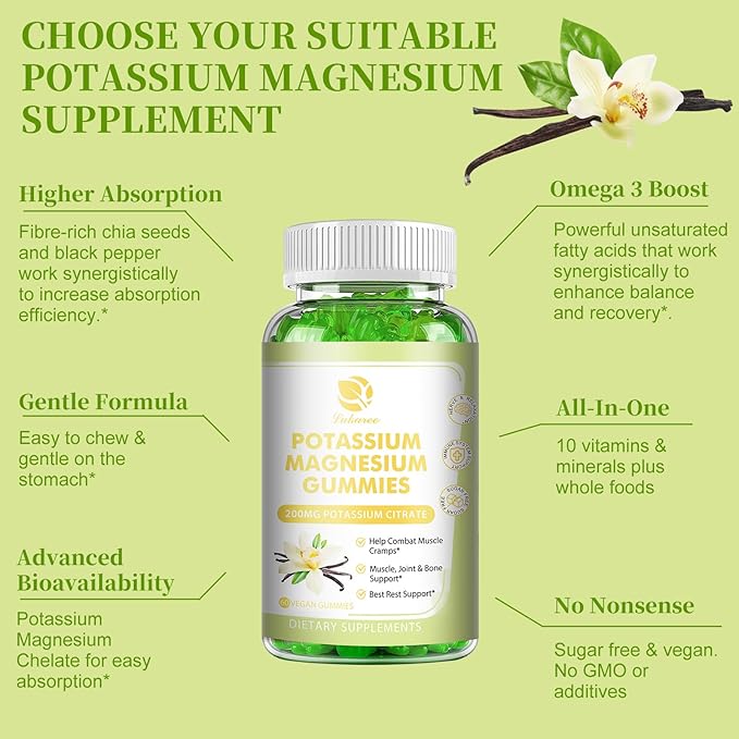 Potassium Magnesium Gummies - High Absorption Magnesium Glycinate 500mg & Potassium Citrate 200mg Plus Omega 3, B6, D3, K2 & Calcium - Chewable Gummy for Leg Cramps, Immunity & Energy - 60 Count