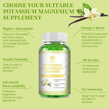 Potassium Magnesium Gummies - High Absorption Magnesium Glycinate 500mg & Potassium Citrate 200mg Plus Omega 3, B6, D3, K2 & Calcium - Chewable Gummy for Leg Cramps, Immunity & Energy - 60 Count