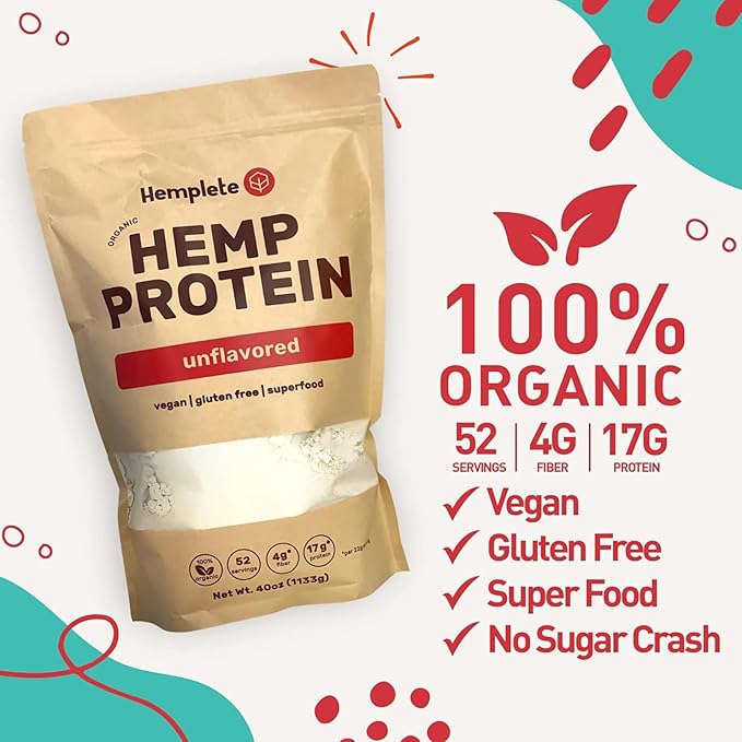 Organic Hemp Heart Unflavored Vegan Protein Powder, Plant-Based for Balanced Nutrition, All-Natural, 1 Ingredient, No Artificial Ingredients, Easy to Digest & Mix (40oz)