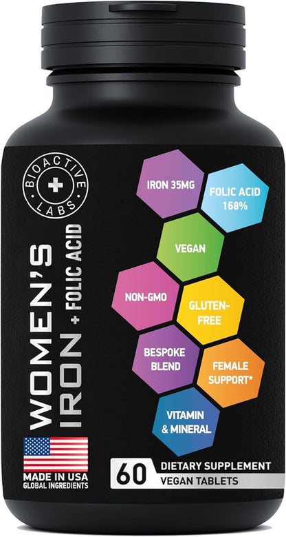 Vegan Iron Supplements for Women with Folic Acid - 168% Folate Folic Acid, 194% Ferrous Sulfate Blood Builder Iron Pills for Women with Anemia and Pregnant Women - 2-Pack, 120 Gentle Iron Tablets