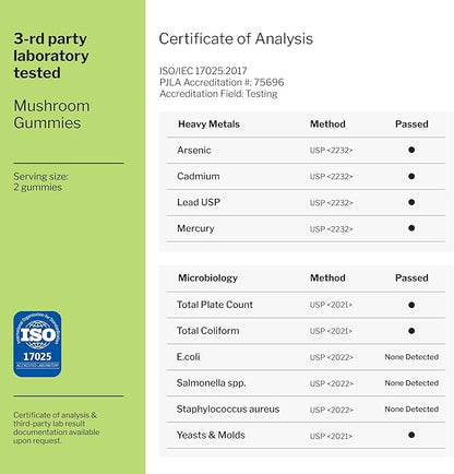 Mushrooms Complex Gummies with Lions Mane, Nootropic Brain Supplements for Memory and Focus: Lion's Mane, Cordyceps, Shiitake, Turkey Tail, Reishi, Chaga, Enoki, Oyster Mushroom Supplement - 60 Units