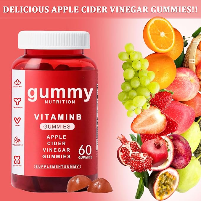 Apple Cider Vinegar Gummies - 60 Count, ACV Gummies Vitamin B12 Supplement, Vegan, Non-GMO, Gluten-Free & Gelatin Free, Apple Flavored Gummy Vitamins for Energy