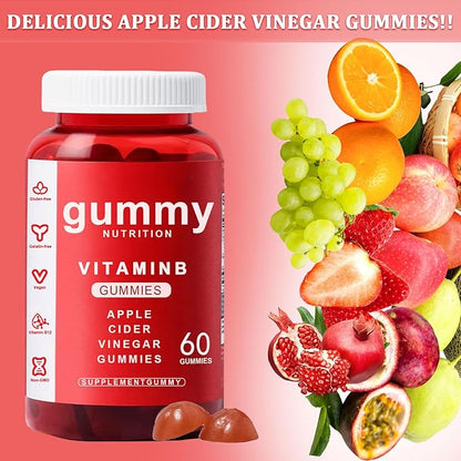 Apple Cider Vinegar Gummies - 60 Count, ACV Gummies Vitamin B12 Supplement, Vegan, Non-GMO, Gluten-Free & Gelatin Free, Apple Flavored Gummy Vitamins for Energy