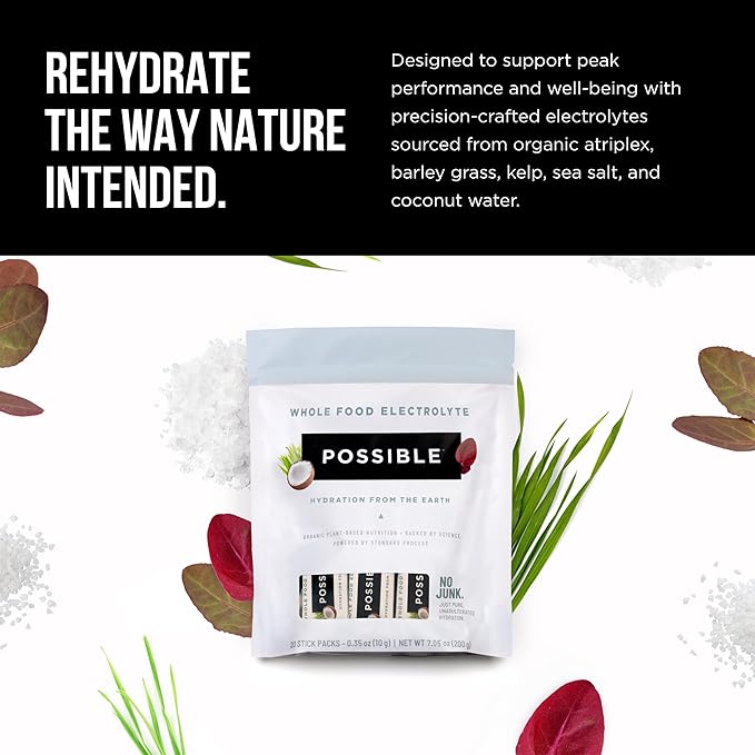 Possible Whole Food Electrolyte - Powder Drink Mix for Pre-Workout, Post-Workout & Everyday Hydration - Vegan, Plant-Based Wellness - Gluten-Free, USDA Organic - Clean Label - 20 Stick Packs