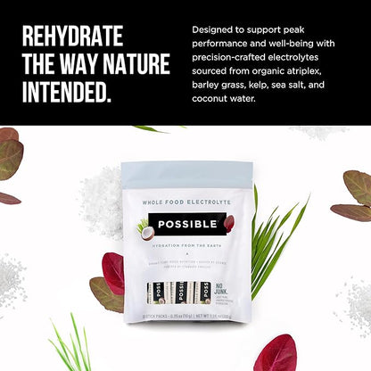 Possible Whole Food Electrolyte - Powder Drink Mix for Pre-Workout, Post-Workout & Everyday Hydration - Vegan, Plant-Based Wellness - Gluten-Free, USDA Organic - Clean Label - 20 Stick Packs