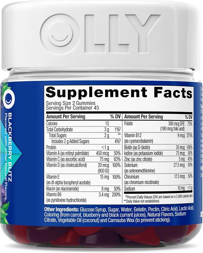 OLLY Men's Multivitamin Gummy, Vitamins A, C, D, E, B, Zinc, Blackberry Flavor, 45 Day Supply - 90 Count