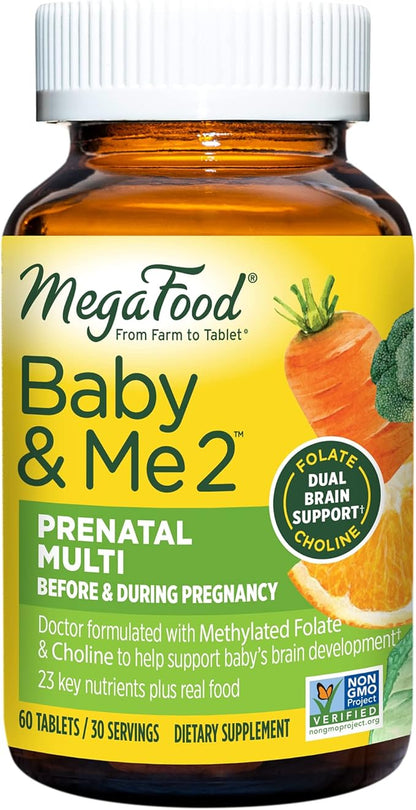 MegaFood Baby & Me 2 Prenatal Vitamin and Minerals - Vitamins for Women - with Folate (Folic Acid Natural Form), Choline, Iron, Iodine, and Vitamin C, Vitamin D and more - 60 Tabs (30 Servings)
