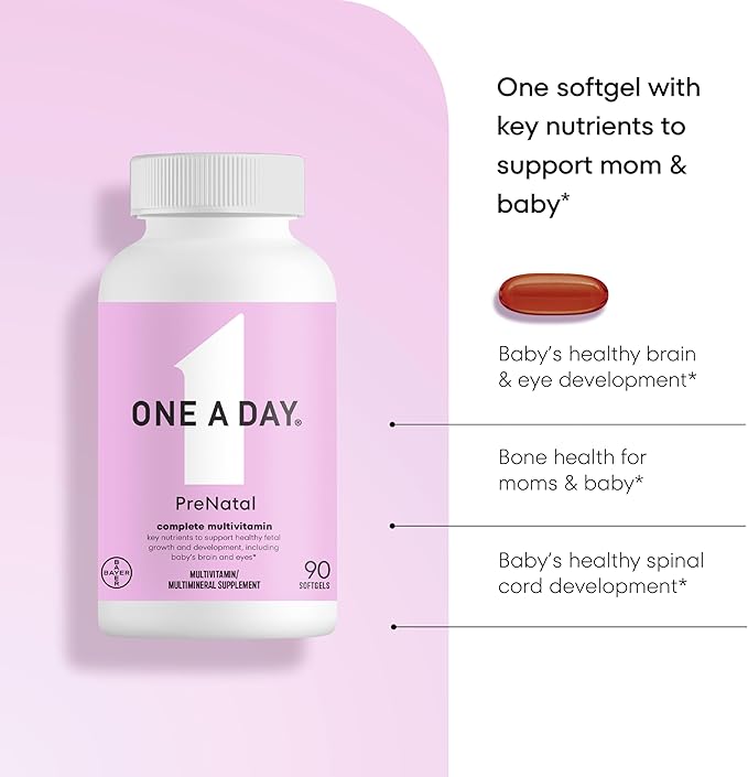 ONE A DAY Women's Prenatal 1 Multivitamin, Supplement for Before, During, and Post Pregnancy, Including Vitamins A, C, D, E, B6, B12, and Omega-3 DHA, 90 Count (Packaging May Vary)