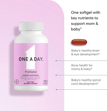 ONE A DAY Women's Prenatal 1 Multivitamin, Supplement for Before, During, and Post Pregnancy, Including Vitamins A, C, D, E, B6, B12, and Omega-3 DHA, 90 Count (Packaging May Vary)