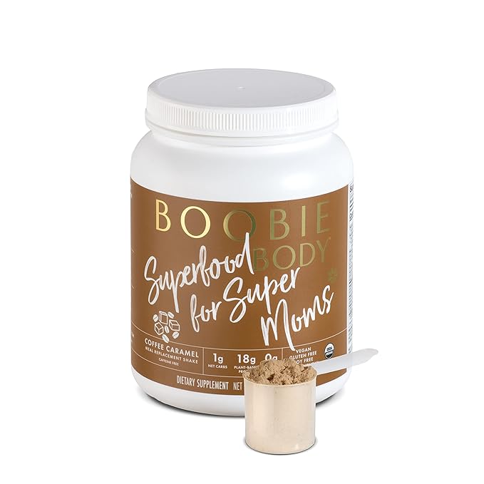 Boobie Body Superfood Protein Meal Replacement Shake, Coffee Caramel Flavor | 19g Protein | Safe For Pregnancy, Lactation, & Motherhood | Organic, Vegan, Zero Sugar, 1 Tub (21.2 oz.)