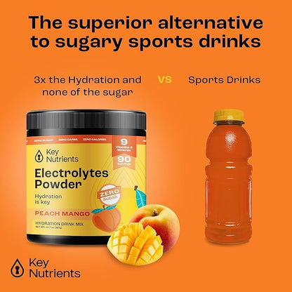 KEY NUTRIENTS Multivitamin Electrolytes Powder No Sugar - Tropical Peach Mango Electrolyte Powder - Endurance & Energy Supplement - Hydration Powder - No Calories - 90 Servings - Made in USA