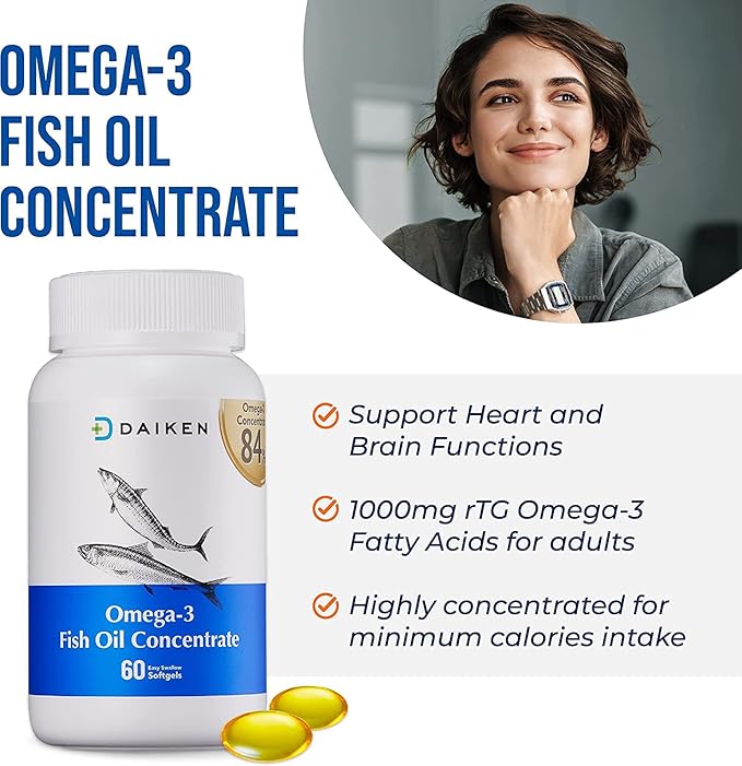 DAIKEN rTG Omega 3 1000mg, High Absorption & Burpless Fish Oil 1200 mg, Mini Fish Oil Softgels for Healthy Heart, Brain and Dry Eyes Support, 60 Small Softgels (Pack of 2)