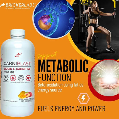 CARNIBLAST Liquid L-Carnitine 3000mg, Premium L Carnitine Carnipure, Sports Nutrition, Energy Supplement and Energy Booster, Peach Mango 16 fl oz