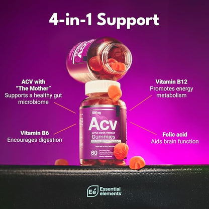 Essential Elements Apple Cider Vinegar Gummies from The Mother - Naturally-Sourced, Vegan ACV with Folic Acid and Vitamin B6 & B12 (2 Pack)