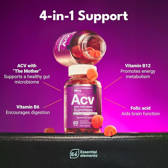 Essential Elements Apple Cider Vinegar Gummies from The Mother - Naturally-Sourced, Vegan ACV with Folic Acid and Vitamin B6 & B12 60 Count