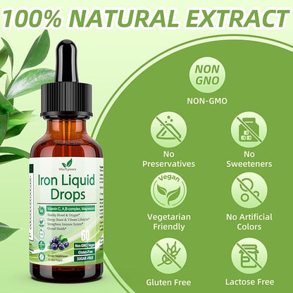 Liquid Iron Supplement for Women Men & Kids, Vegan Iron Drops with Vitamin C D, B12, B-Complex, High Potency Liquid Iron with Multivitamin for Anemia, Energy Support, Blood, Magnesium Iron Gentle