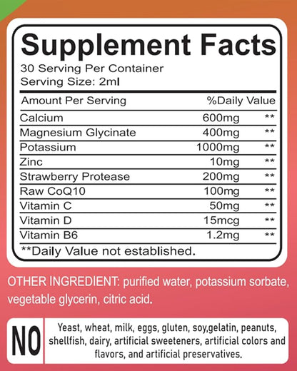 Calcium Magnesium Potassium Supplements,Magnesium Glycinate 400mg Zinc MultiVitamin Drops Calcium Magnesium Supplement High Absorption Vegan Non GMO (60ml/Strawberry Flavor)