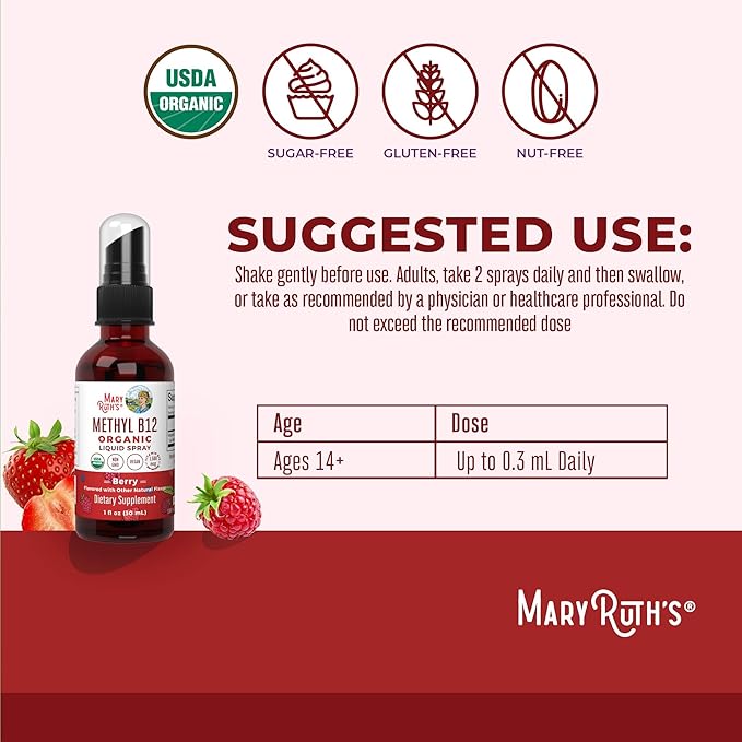 MaryRuth's Vitamin B12 Liquid Spray | Vegan, Non-GMO, Gluten-Free | USDA Organic B12 Vitamin Supplement | Energy & Nervous System Support | B12 Vitamins for Women & Men | VIT b12 1,500 mcg | 1 Fl Oz