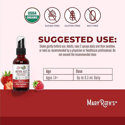 MaryRuth's Vitamin B12 Liquid Spray | Vegan, Non-GMO, Gluten-Free | USDA Organic B12 Vitamin Supplement | Energy & Nervous System Support | B12 Vitamins for Women & Men | VIT b12 1,500 mcg | 1 Fl Oz