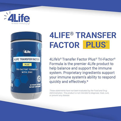 4LIFE TRANSFER FACTOR PLUS Tri-Factor Formula - Immune System Support with Zinc, Super Mushroom Blend (Maitake, Shiitake, Agaricus), and Extracts of Cow Colostrum and Chicken Egg Yolk - 60 Capsules