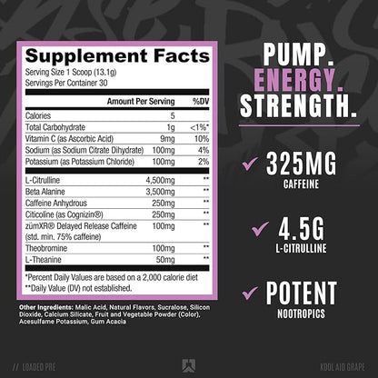 Ryse Loaded Pre Workout Powder Supplement for Men & Women | Pumps, Energy, Focus | Beta Alanine + Citrulline | 390mg Caffeine | 30 Servings (Kool Aid Grape)