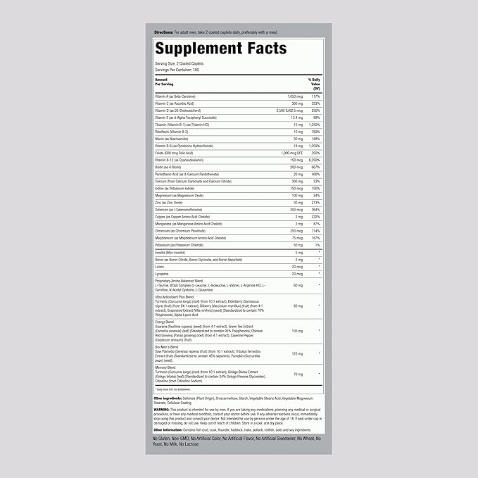 Piping Rock Multivitamin for Men Over 50+ | 200 Caplets | Mega 50 Plus Daily Multimineral | with Magnesium, Calcium, Zinc | Non-GMO, Gluten Free Supplement