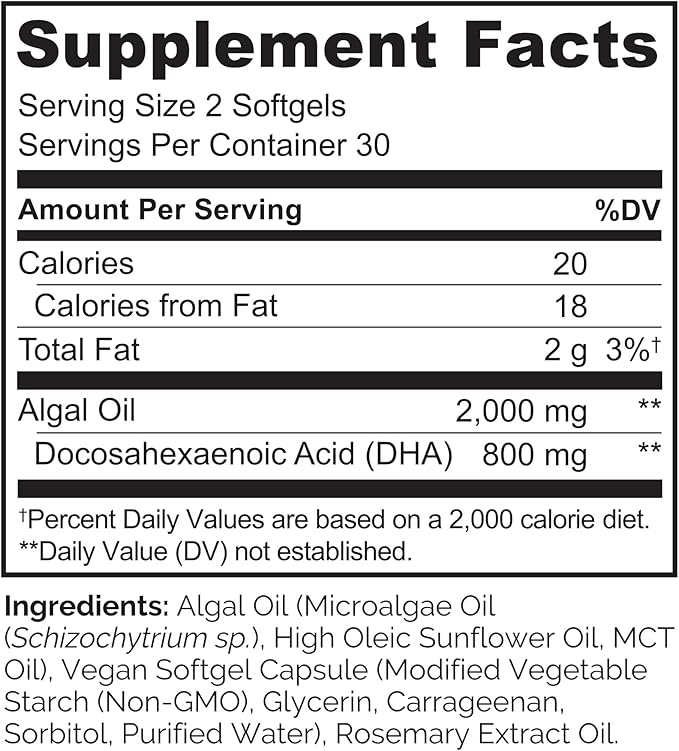 NATURELO Vegan DHA - Omega 3 Oil from Algae - Supplement for Brain, Heart, Joint, Eye Health - Provides Essential Fatty Acids for Women, Men and Kids - Complements Prenatal Vitamins - 60 Softgels
