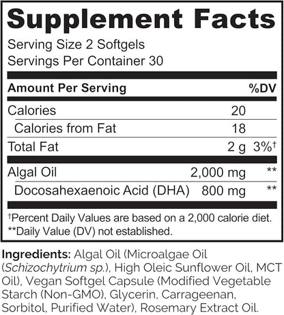 NATURELO Vegan DHA - Omega 3 Oil from Algae - Supplement for Brain, Heart, Joint, Eye Health - Provides Essential Fatty Acids for Women, Men and Kids - Complements Prenatal Vitamins - 60 Softgels
