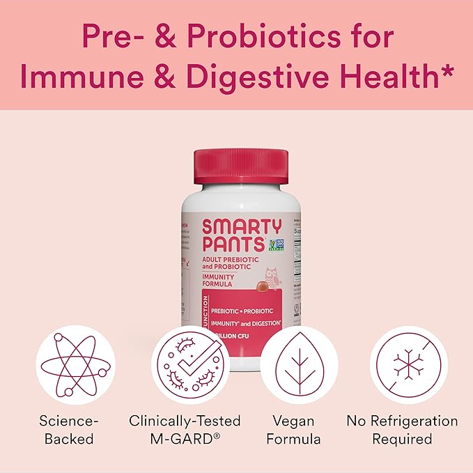 SmartyPants Men's & Women's Probiotic Immunity Gummies: Prebiotics & Probiotics for Digestive Health & Immune Support Supplement, Gluten Free, Vegan, Strawberry Crème Flavor, 60 Count (30 Day Supply)