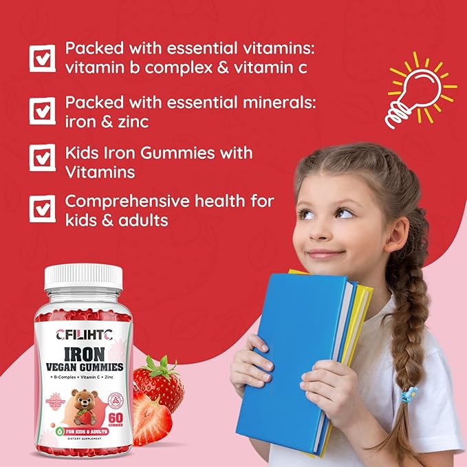 Iron Gummies for Kids, Women & Men, Iron Supplement with Multivitamin - Vitamin B Complex, C, B6, B12, Folate, Zinc for Anemia, Iron Deficiency, Blood Builder, Energy - Strawberry Flavor, Vegan 60ct