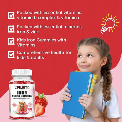 Iron Gummies for Kids, Women & Men, Iron Supplement with Multivitamin - Vitamin B Complex, C, B6, B12, Folate, Zinc for Anemia, Iron Deficiency, Blood Builder, Energy - Strawberry Flavor, Vegan 60ct