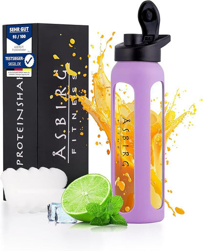 Fitness | Protein Shaker Made of Glass | Protein Shaker | Drinking Bottle | with Spiral Ball | Black (pastel purple)