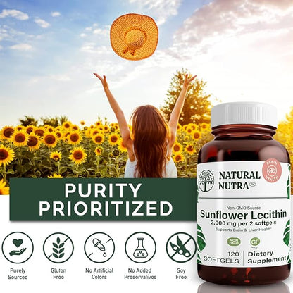 Natural Nutra Sunflower Lecithin 2000 mg Supplement – Soy Free, Non-GMO, Gluten-Free 120 Softgels | Liver Function Support, Brain Health Booster, Memory & Focus Enhancement