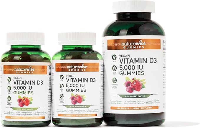 NatureWise Vitamin D3 5000 IU Gummies - Mixed Berry Flavor - Vegan D from Lichen, Pectin Based, Immune Support for Adults, Muscle & Bone Strength - Gluten Free, Non-GMO - 60 Count[1-Month Supply]