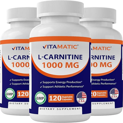 Vitamatic L-Carnitine Fumarate 1000 mg - 120 Vegetable Capsules (3 Bottles)