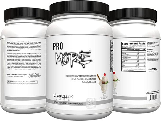 CONTROLLED LABS PROmore Protein Powder (27 Servings) - 24g Protein Per Scoop - 94% Sugar-Free, Premium Smooth-Drink Formula (Chocolate Ice Cream Sundae) (27 Servings, French Vanilla Ice Cream Sundae)