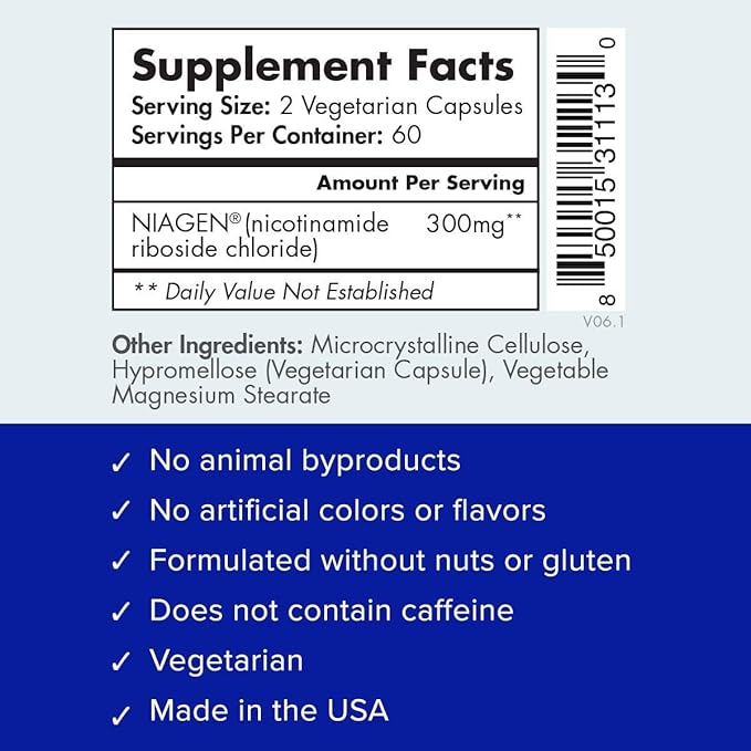 TRU NIAGEN Patented NAD+ Supplement for Anti Aging and Cell Regeneration, Niagen, 60 300 mg Servings | Supports Cellular Energy, Brain, Muscle | Nicotinamide Riboside (NR) Take 2 Daily | 1 Bottle