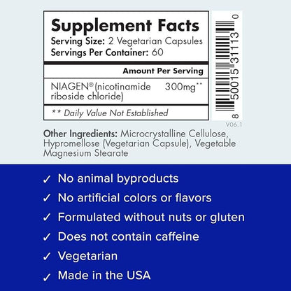 TRU NIAGEN Patented NAD+ Supplement for Anti Aging and Cell Regeneration, Niagen, 60 300 mg Servings | Supports Cellular Energy, Brain, Muscle | Nicotinamide Riboside (NR) Take 2 Daily | 1 Bottle