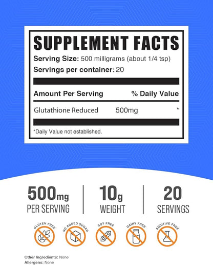 BulkSupplements.com Glutathione Reduced Powder - Glutathione Supplement, Reduced Glutathione Powder - Glutathione 500mg, Gluten Free, 500mg per Serving, 10g (0.35 oz) (Pack of 1)
