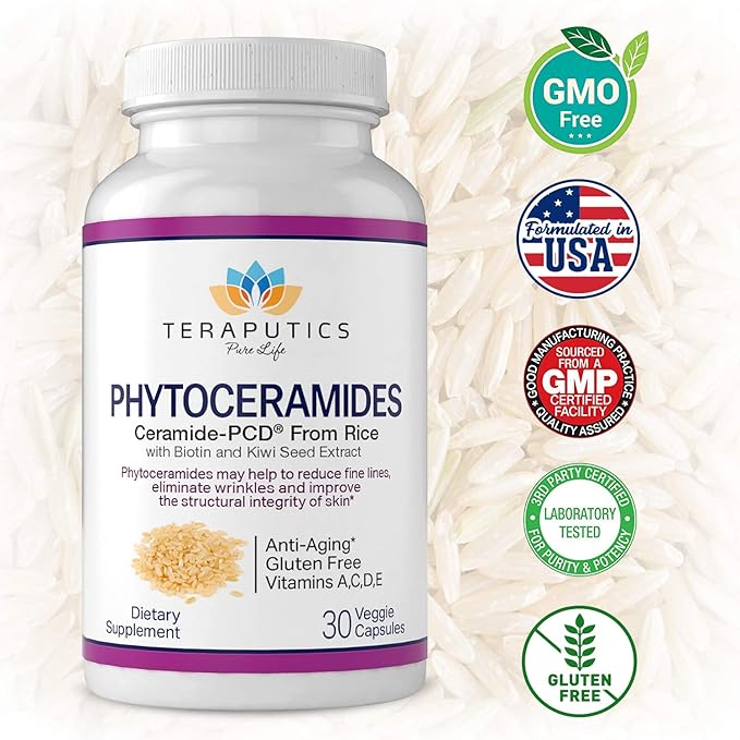 Phytoceramides Ceramide-PCD® Made From Rice - w/ Biotin and Kiwi Seed - Non GMO Gluten Free Hair Skin and Nails Vitamin, Reduce Fine Lines & Wrinkles, Strengthen Hair & Nails, 30 Veggie Capsules