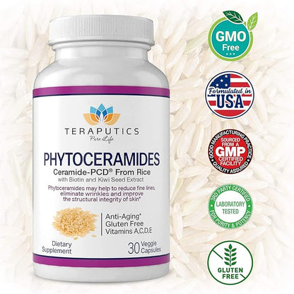 Phytoceramides Ceramide-PCD® Made From Rice - w/ Biotin and Kiwi Seed - Non GMO Gluten Free Hair Skin and Nails Vitamin, Reduce Fine Lines & Wrinkles, Strengthen Hair & Nails, 30 Veggie Capsules