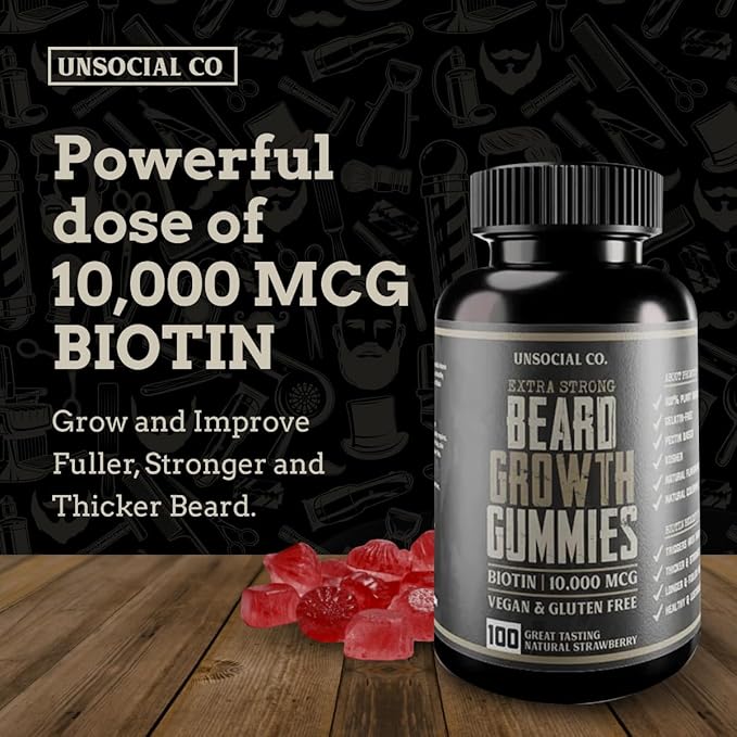 Extra Strong Beard Growth Vitamins Gummies | Biotin 10000 MCG | Promotes Facial Hair Growth for Men | Biotin Beard Grow Gummies | Strong & Thick Beard Growth Gummies for Men | Strawberry
