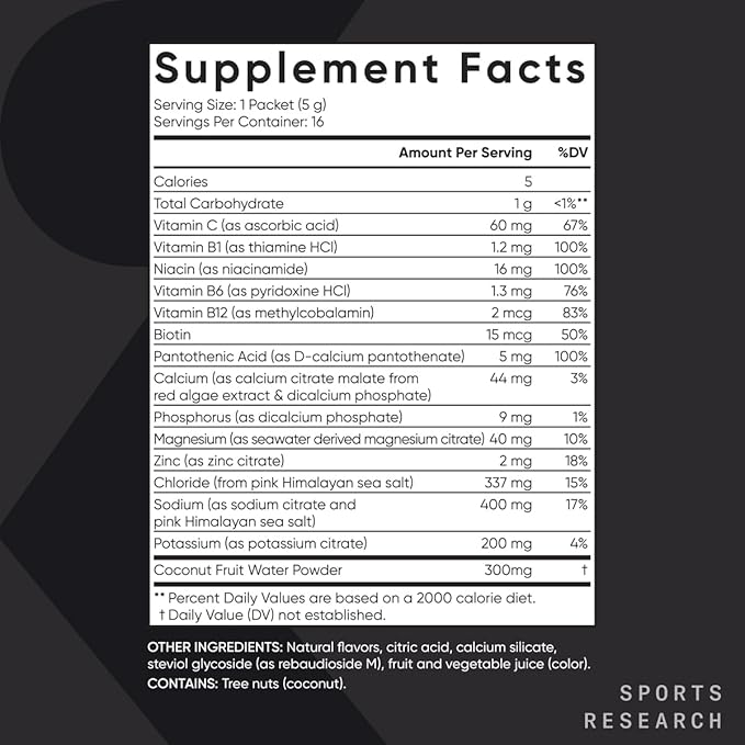 Sports Research Hydrate Electrolytes Powder Packets - Sugar-Free & Naturally Flavored with Vitamins, Minerals, and Coconut Water - Supports Hydration - 16 Packets - Cherry Pomegranate