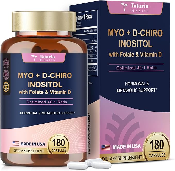 Inositol Supplement for Women with Vitamin D3, Folate, 40:1 Ratio Myo-Inositol 3000mg & D-Chiro Inositol 75mg Complex, (Vitamin B8) Inositol Capsules, 180 Capsules, 60 Servings