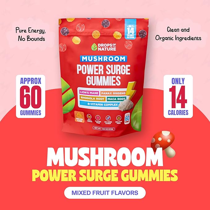 Mushroom Supplement Power Surge Gummies - Lions Mane, Maca Root, Panax Ginseng, Vitamin B12 & Rhodiola - Vegan, Vitamin B Complex - Mushroom Gummies for Energy and Wellness (Mixed Fruits, 60 Gummies)