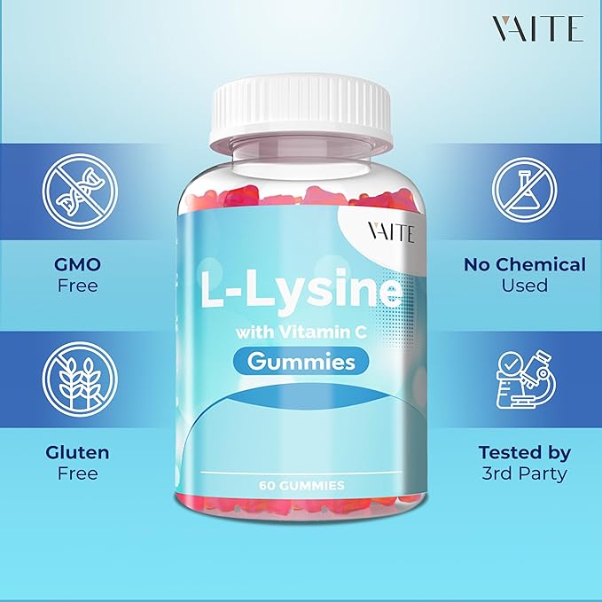 L-Lysine 800mg Gummies with Vitamin C - Supports Skin, Lip, Vegan, Gluten Free, 60 Chewable Lysine for Adults, Vitamins Tissue Health & Immune System, Amino Acid & Complex Supplements, Non-GMO