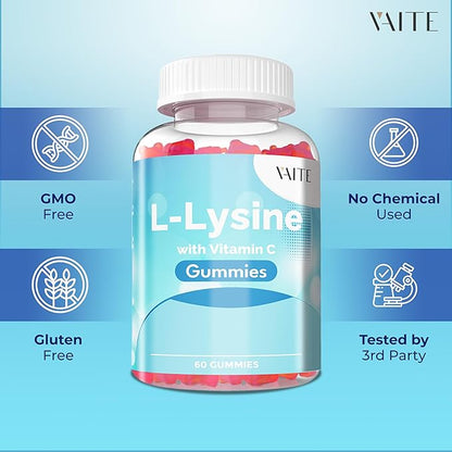 L-Lysine 800mg Gummies with Vitamin C - Supports Skin, Lip, Vegan, Gluten Free, 60 Chewable Lysine for Adults, Vitamins Tissue Health & Immune System, Amino Acid & Complex Supplements, Non-GMO