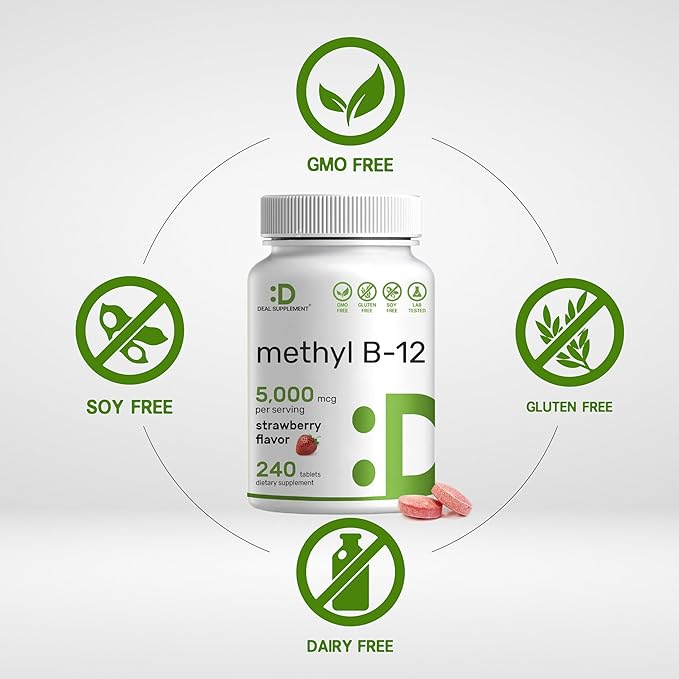 DEAL SUPPLEMENT Methyl B-12 Vitamins 5000 mcg, 240 Chewable Tablets | Active Form - Strawberry Flavored - Energy Support & Brain Health Function - Vegetarian & GMO Free